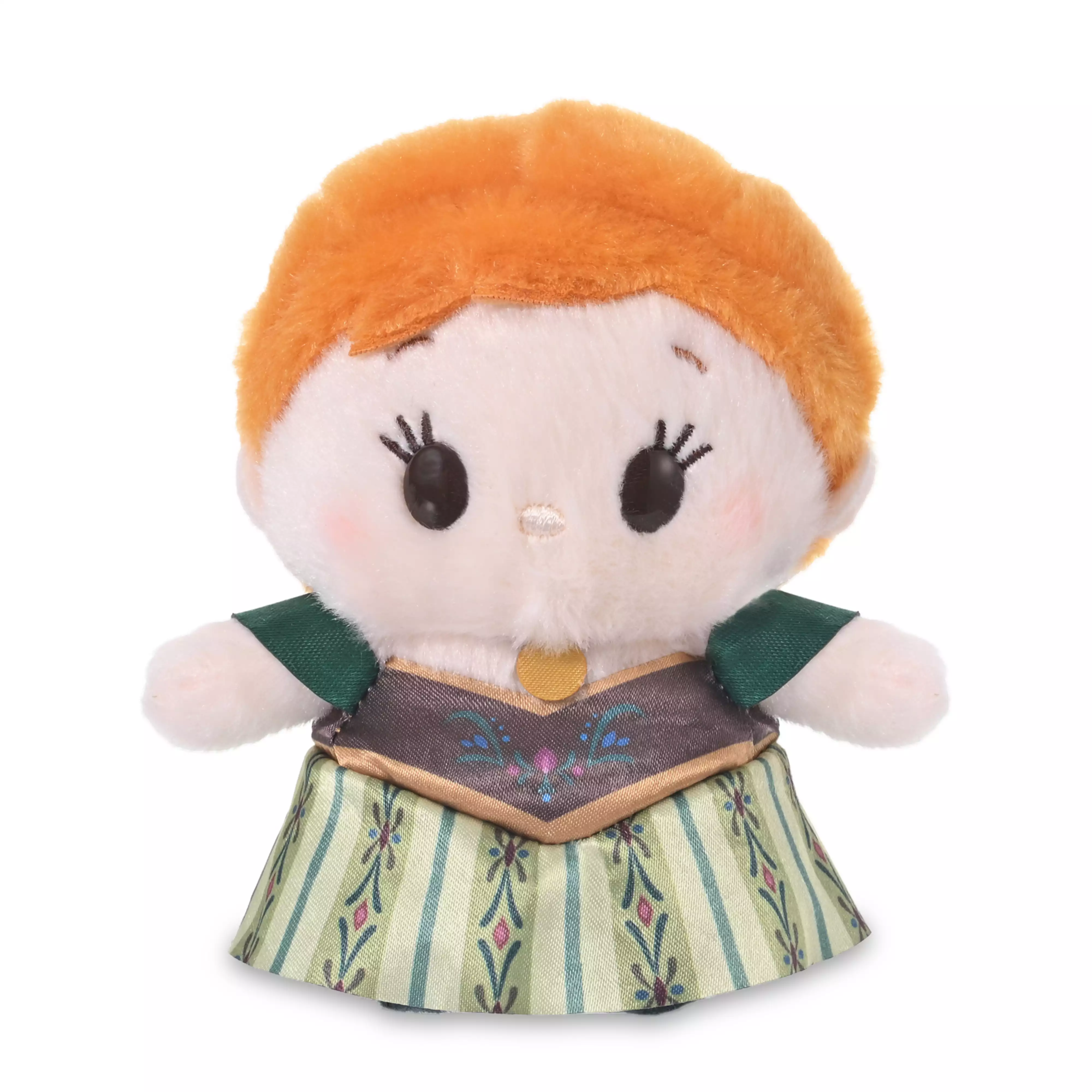 Front view of an Anna plush toy wearing her coronation dress on a white background.