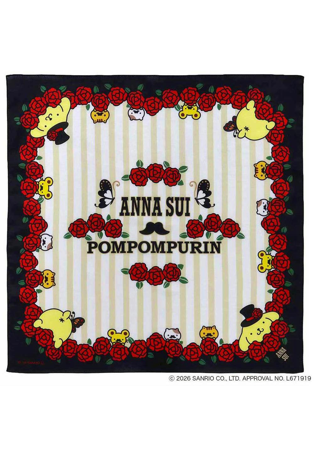 Anna Sui x Pompompurin printed rose-red handkerchief laid flat showing a striped center, red rose border, Pompompurin characters, and the text "ANNA SUI POMPOMPURIN."
