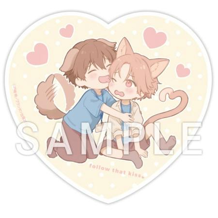 Heart-shaped acrylic coaster featuring a chibi illustration of two animal-eared characters embracing with pink hearts in the background.