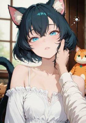 A poster illustration of an anime-style girl with cat ears wearing an off-shoulder white top, with a small cat figure in the background.