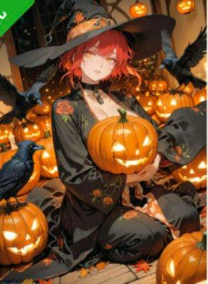 Poster illustration of a red-haired girl wearing a witch hat holding a carved jack-o'-lantern among many pumpkins and crows.