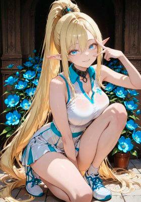 Poster showing an illustrated anime-style female elf with long blonde hair crouching among blue flowers.