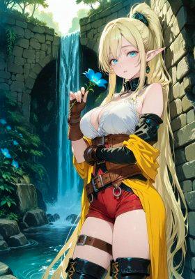 Poster showing an anime-style blonde elf-like girl in a revealing outfit holding a blue flower before a waterfall.