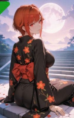 Illustration of an anime-style girl wearing a black kimono with orange floral patterns and a red obi, seated on stone steps beneath a full moon.