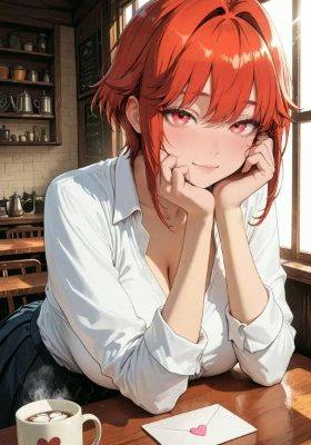 Poster illustration of a red-haired anime girl leaning on a table in a white blouse, with a mug and an envelope on the table.