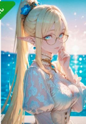 Anime-style illustration of a blonde, glasses-wearing female character in a lacy dress by the sea.