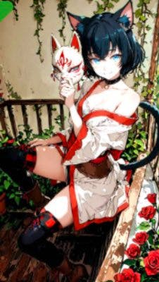 Illustration of a cat-eared anime girl in a kimono-style outfit holding a fox mask while seated among roses.