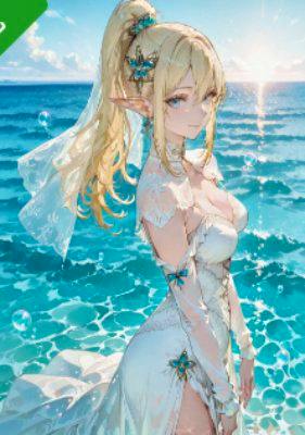 Anime-style illustration of a blonde female character in a white dress standing by the ocean.