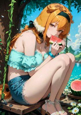 Poster showing an anime-style girl sitting by water eating a slice of watermelon.