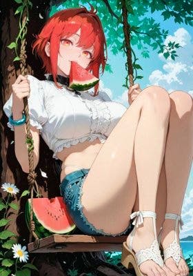 Illustrated poster of an anime-style girl sitting on a swing eating a slice of watermelon.