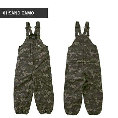 Front and back views of camouflage bib pants shown flat against a white background.