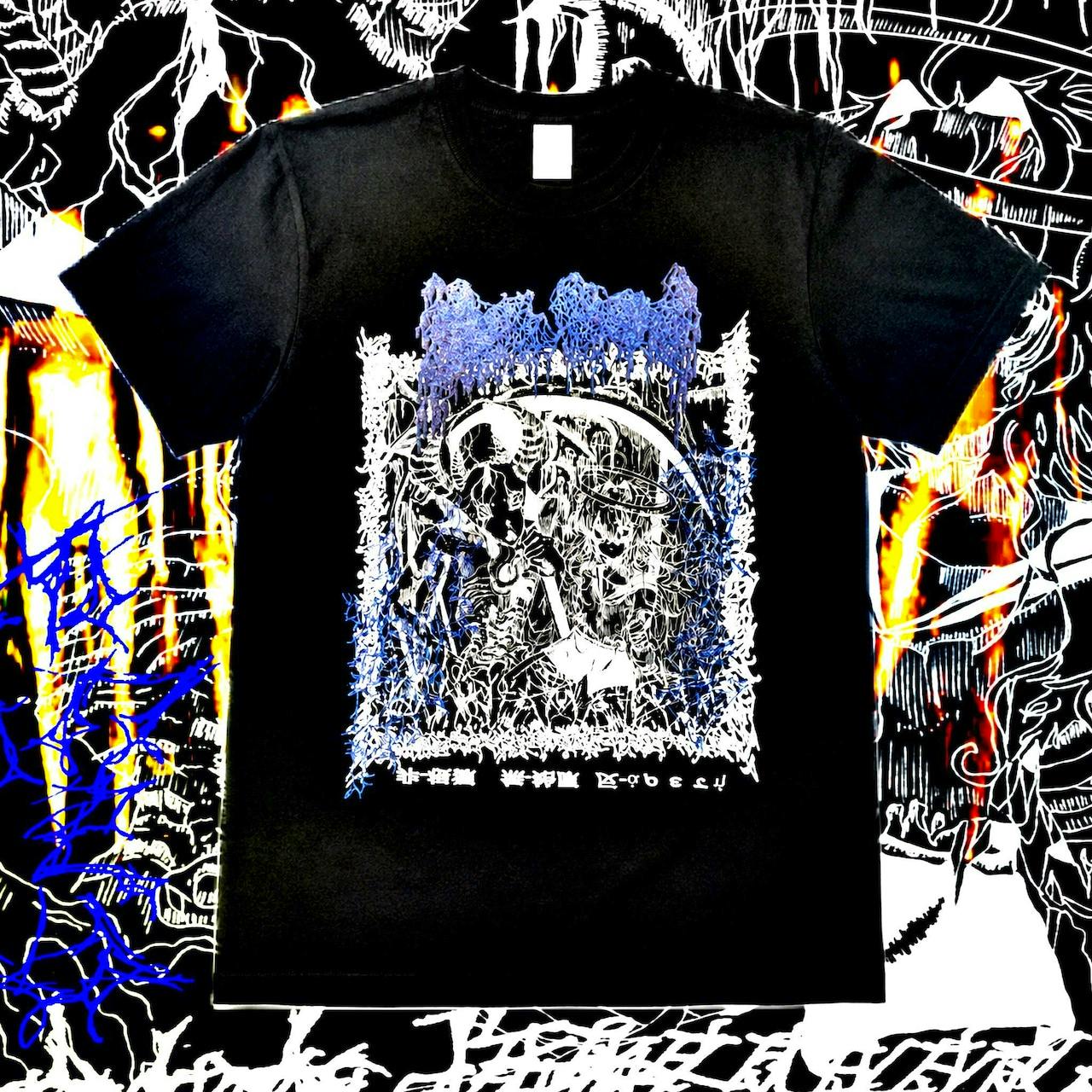 Black T-shirt showing a centered white and blue intricate graphic print on the front.