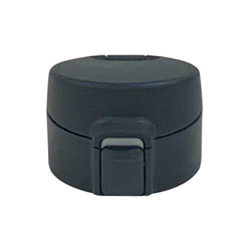 Front view of a black plastic antibacterial bottle lid with a front latch.