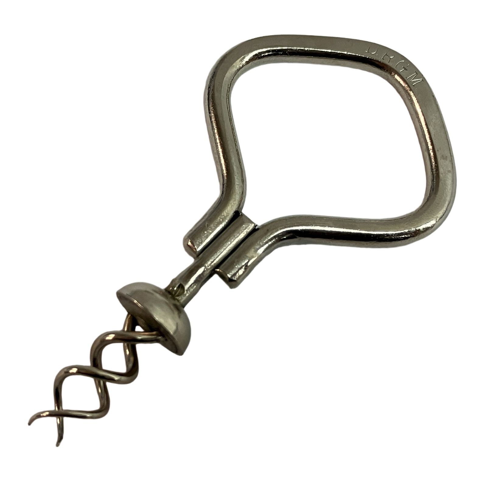 Stainless-steel corkscrew bottle opener with a squared loop handle.