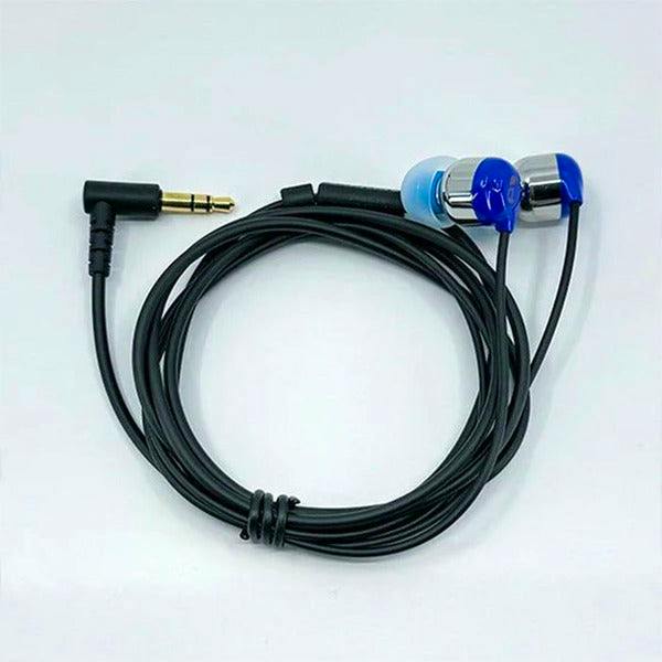 Blue wired in-ear earphones with a coiled black cable and an angled 3.5mm plug on a white background.