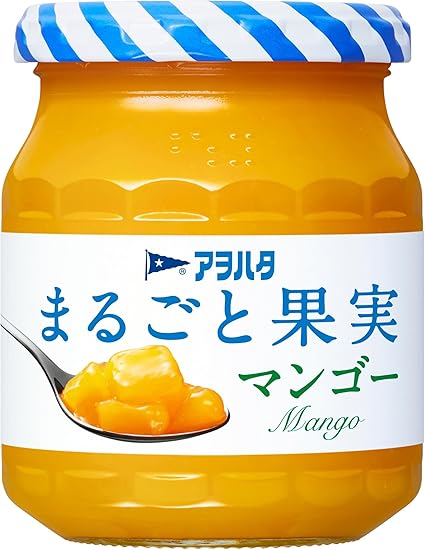 Front view of a jar of mango fruit jam showing the label and a spoon with mango pieces.