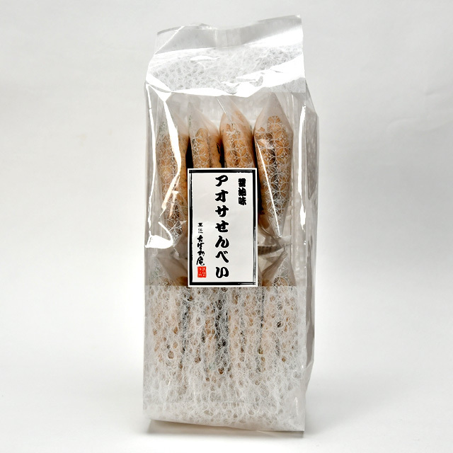 Clear plastic bag containing multiple アオサせんべい (aosa rice crackers) with a front label.
