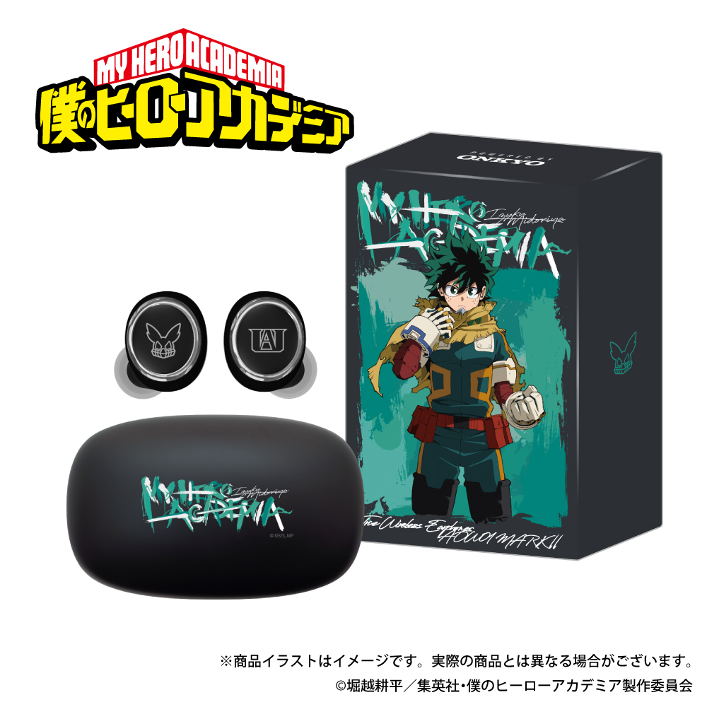 Black wireless earphones with their matching oval charging case and a themed box showing Izuku Midoriya artwork and the My Hero Academia logo.