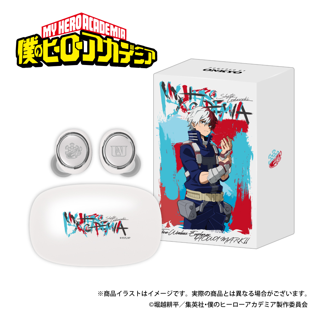 Wireless earbuds and matching charging case with a My Hero Academia (Shoto Todoroki) character design shown next to the product box.