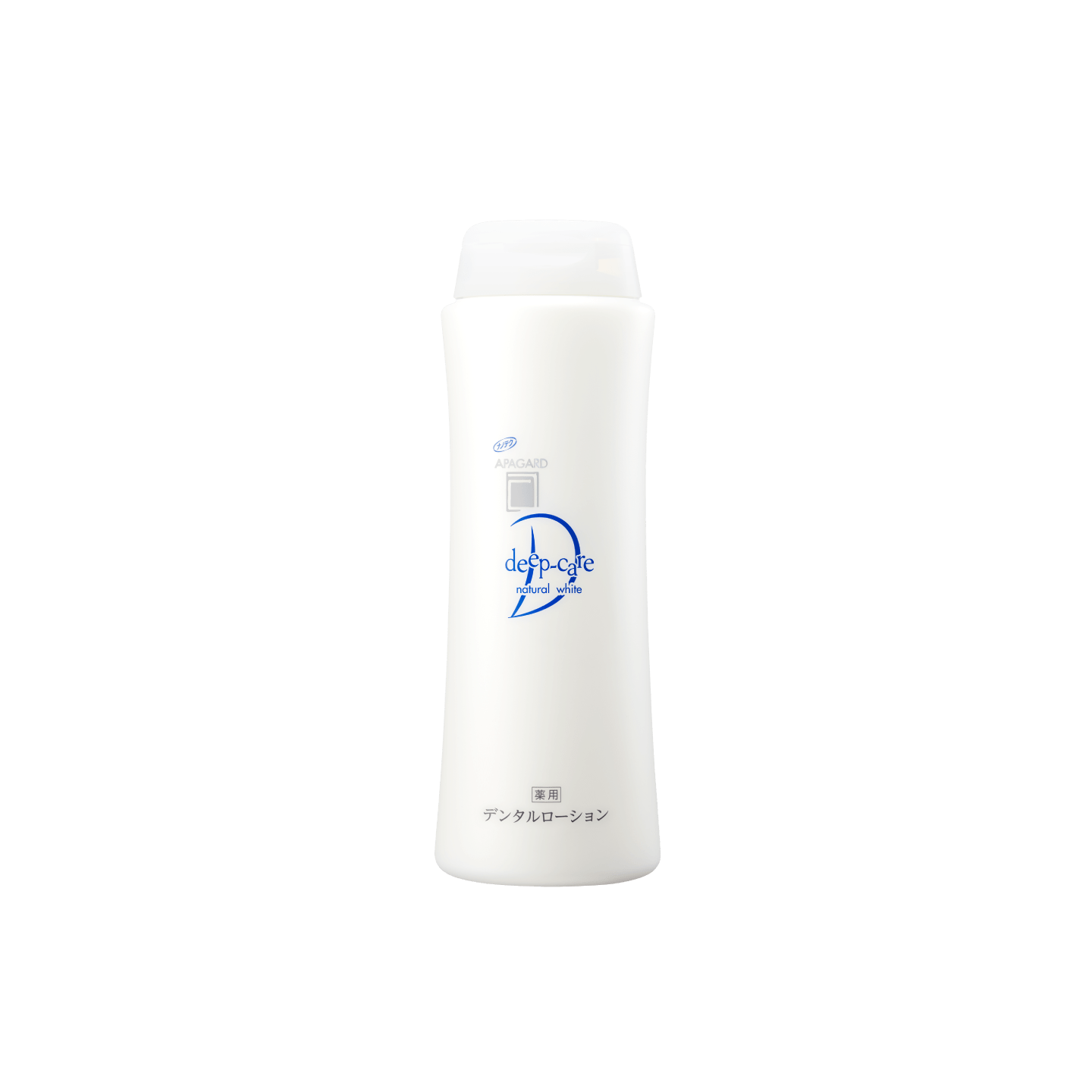 Single white アパガードディープケアボトル with blue logo photographed on a black background.