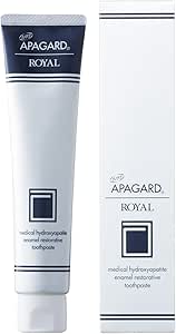 White tube of APAGARD Royal toothpaste shown next to its matching product box.