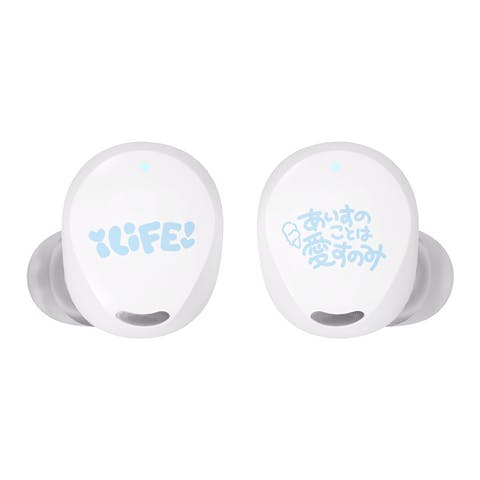 Pair of white wireless earphones with light-blue printed designs on their outer faces and gray silicone ear tips.