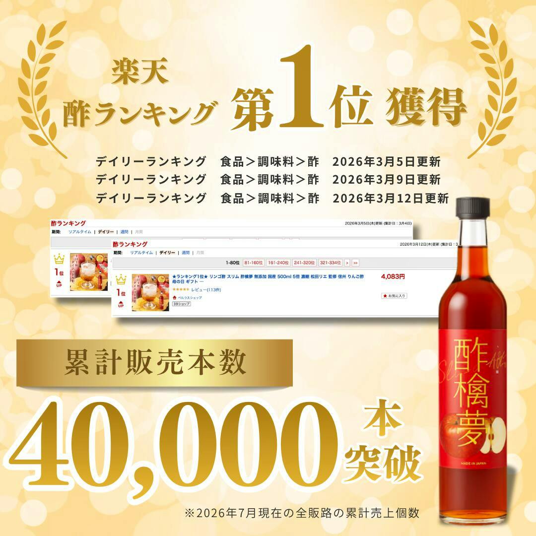 Bottle of りんご飲むお酢 (apple drinking vinegar) pictured with gold promotional text and a "40,000" sales claim.