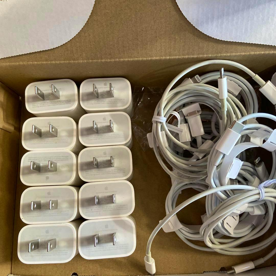 Ten white Apple 20W power adapters arranged next to multiple coiled white USB‑C to Lightning cables inside a cardboard box.