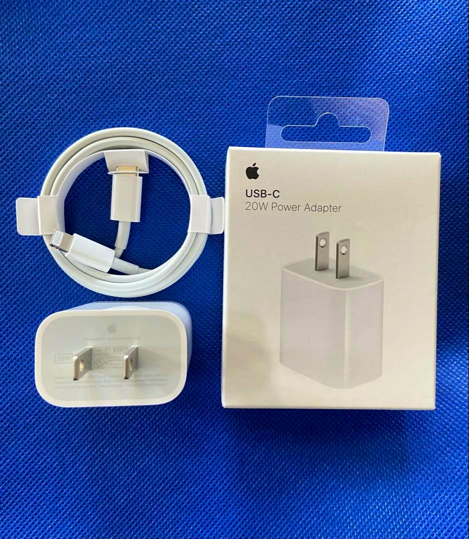 A coiled USB‑C to Lightning cable, a USB‑C 20W power adapter, and the adapter's retail box arranged on a blue surface.