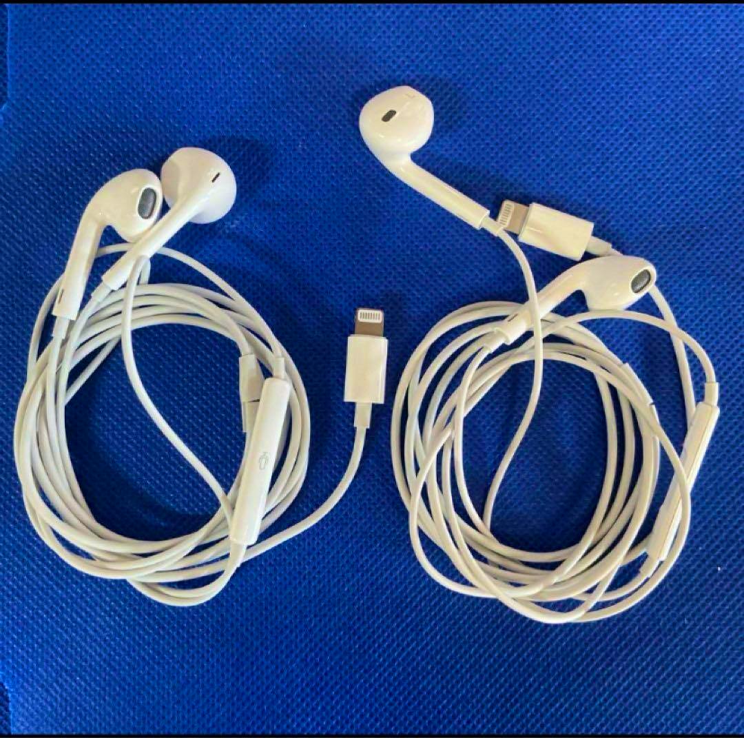Two white iPhone Lightning earphones (two sets) shown coiled on a blue textured background.