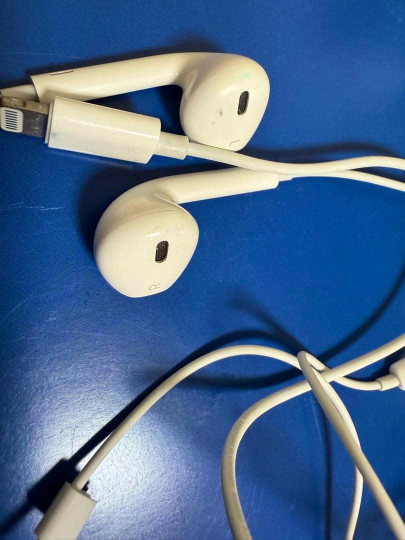White Apple wired earphones with a Lightning connector laid on a blue surface.