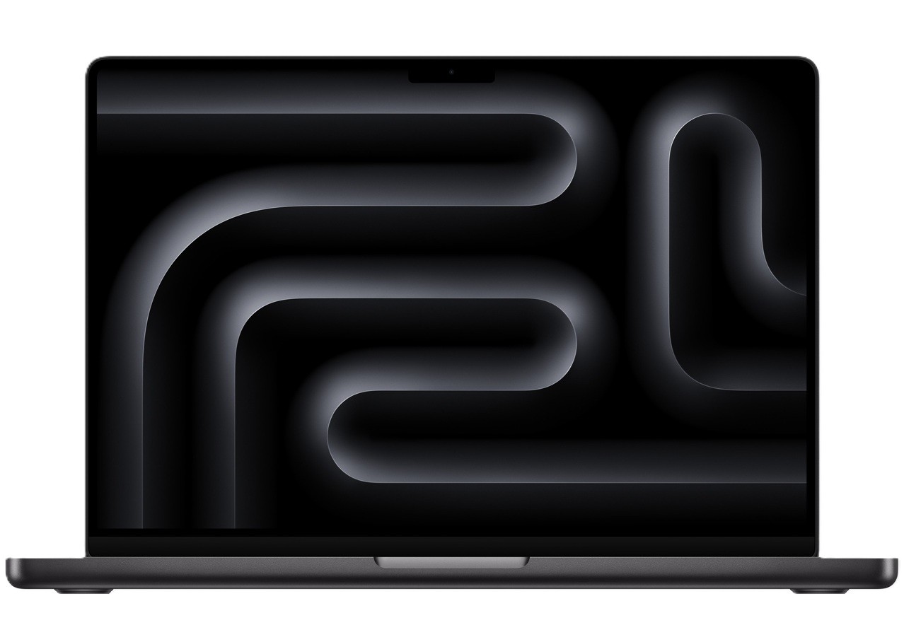 Front view of the APPLE MacBook Pro 14.2-inch (space black) opened with its display turned on.