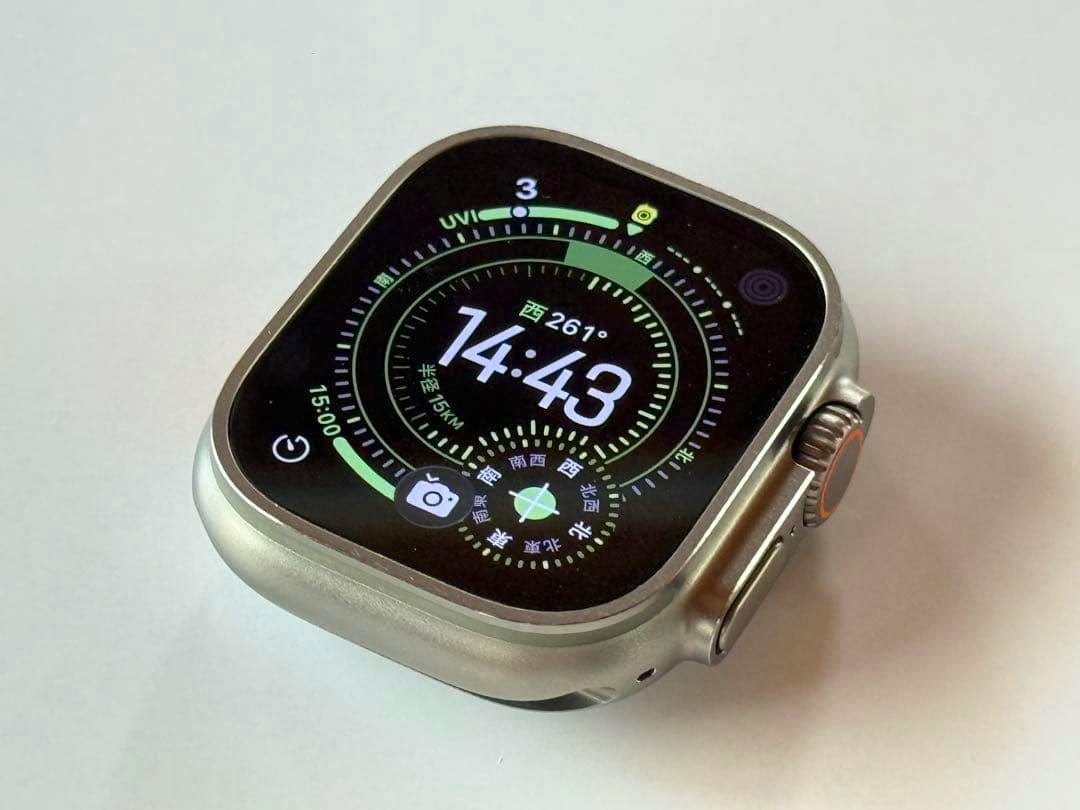Close-up of the Apple Watch Ultra2 49mm body showing the watch face, digital crown, and side button.