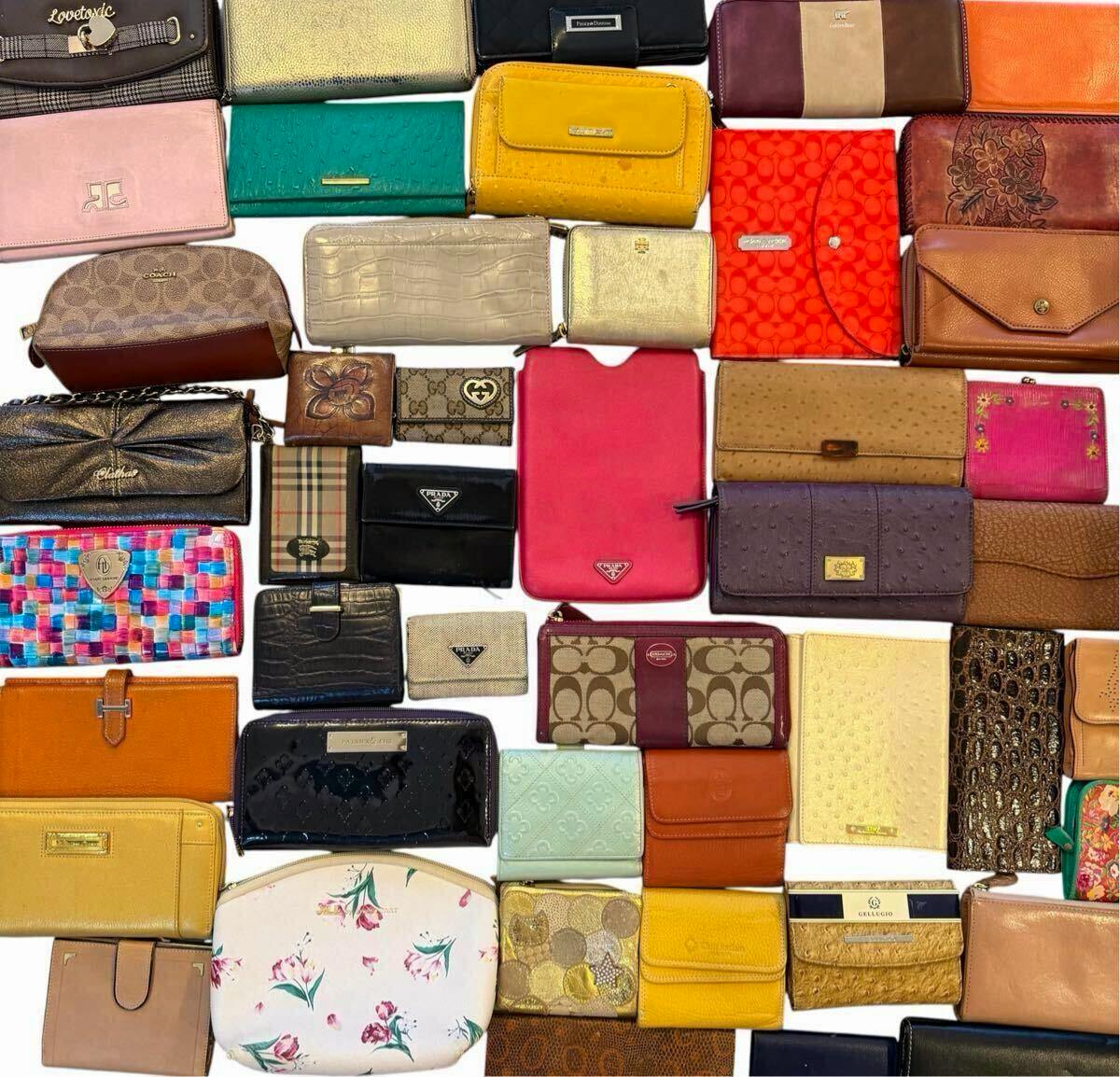 Many wallets and small leather goods arranged in a flat grid on a white background.