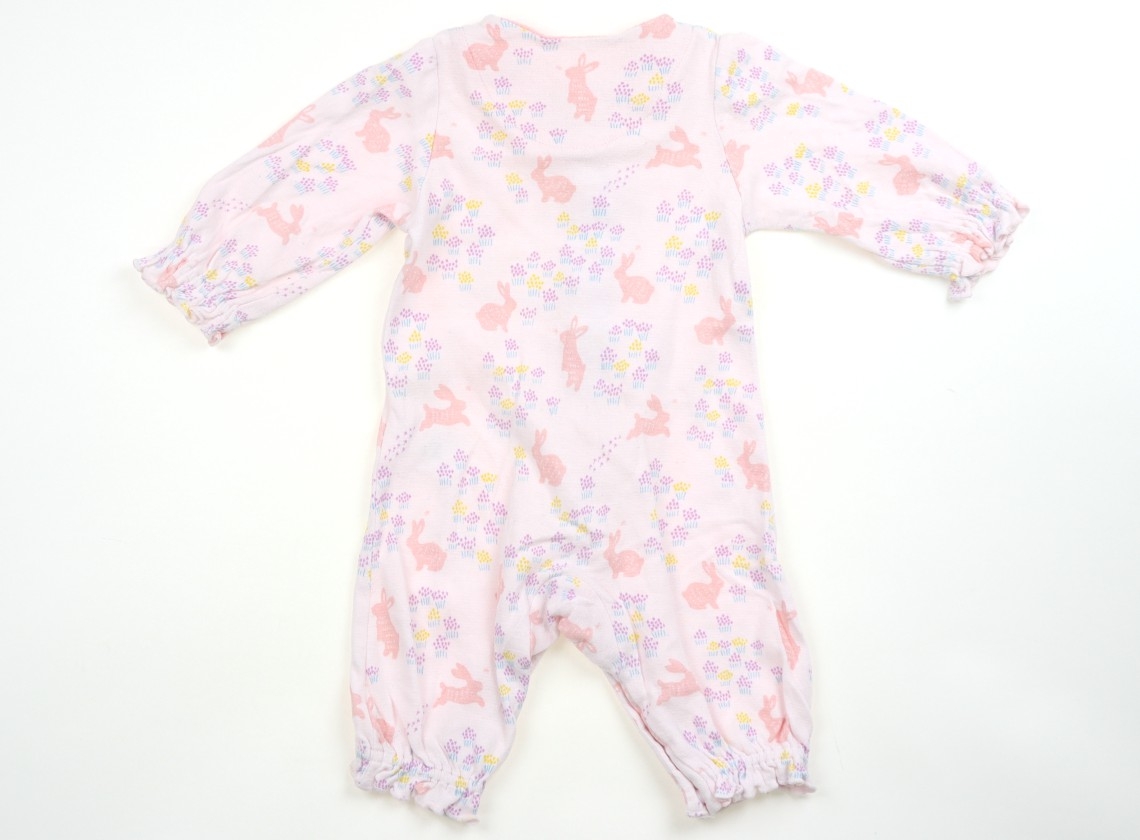 Pink size-70 apres les cours (アプレレクール) coverall with rabbit and floral print laid flat on a white background.