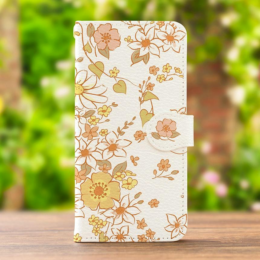 Front view of an apricot-flower patterned folio smartphone case with a snap clasp.