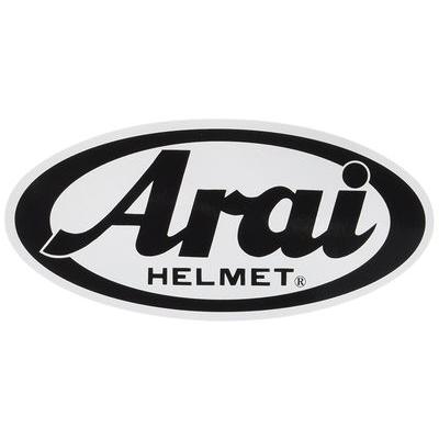 Oval Arai Helmet decal sticker showing the black "Arai" logo and "HELMET" text on a white background.