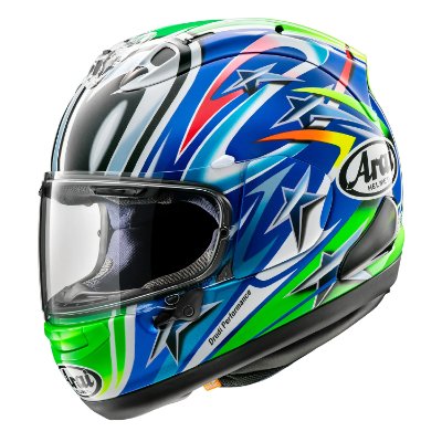Right-side view of an Arai RX-7X Nakano Green '04 full-face helmet with blue, green, and star graphics.