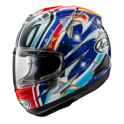 Full-face Arai motorcycle helmet with red and blue star graphics and clear visor.