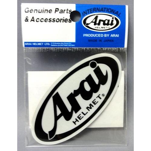 Packaged Arai helmet oval decal sticker in black and white inside a clear plastic bag with a blue header card.