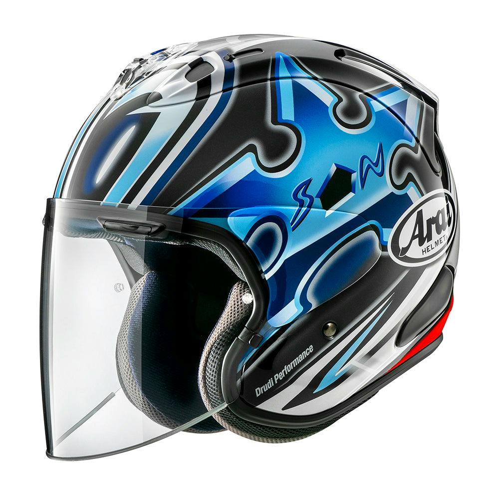 Right-side view of an Arai VZ-Ram Nakano GP 2 helmet with blue graphic and a clear visor.