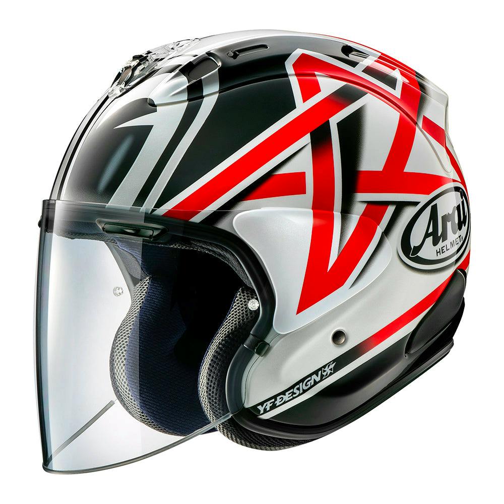 Arai VZ-Ram Nakano X helmet shown at a three-quarter angle with red and black graphics and a clear visor.