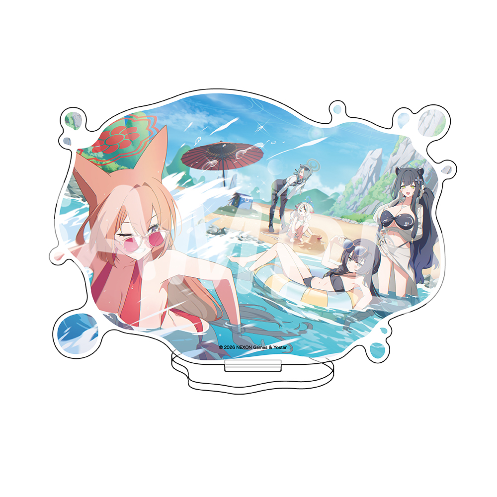 Die-cut acrylic plate depicting anime characters in swimsuits at the beach, shown with its display stand.