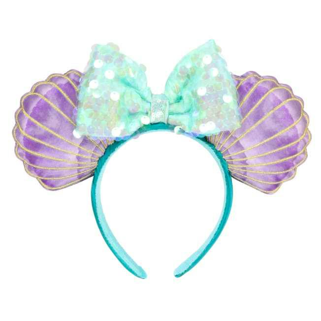 Ariel headband with a teal fabric-covered band, purple shell-shaped ears, and a mint sequin bow.