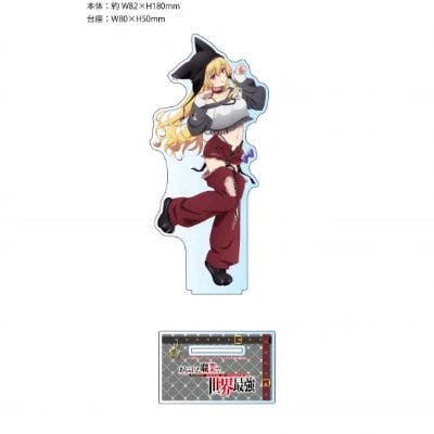 A large acrylic stand of ユエ in a street-casual outfit shown with its rectangular display base.
