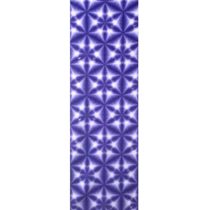 A full-length purple-and-white Arimatsu shibori tenugui with a repeating star-like floral tie-dye pattern.