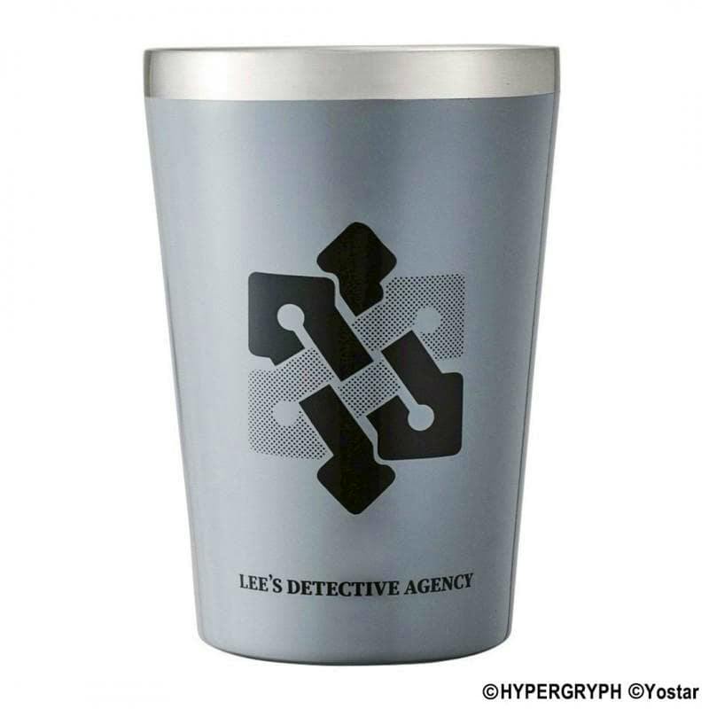 Gray Arknights coffee tumbler showing the Lee's Detective Agency emblem and text with a silver rim.