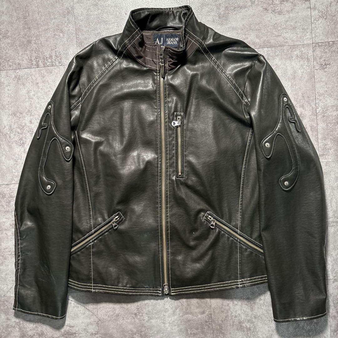 Archive ARMANI JEANS fake leather bomber jacket laid flat showing the jacket front with central zipper, zip pockets, and contrast stitching.