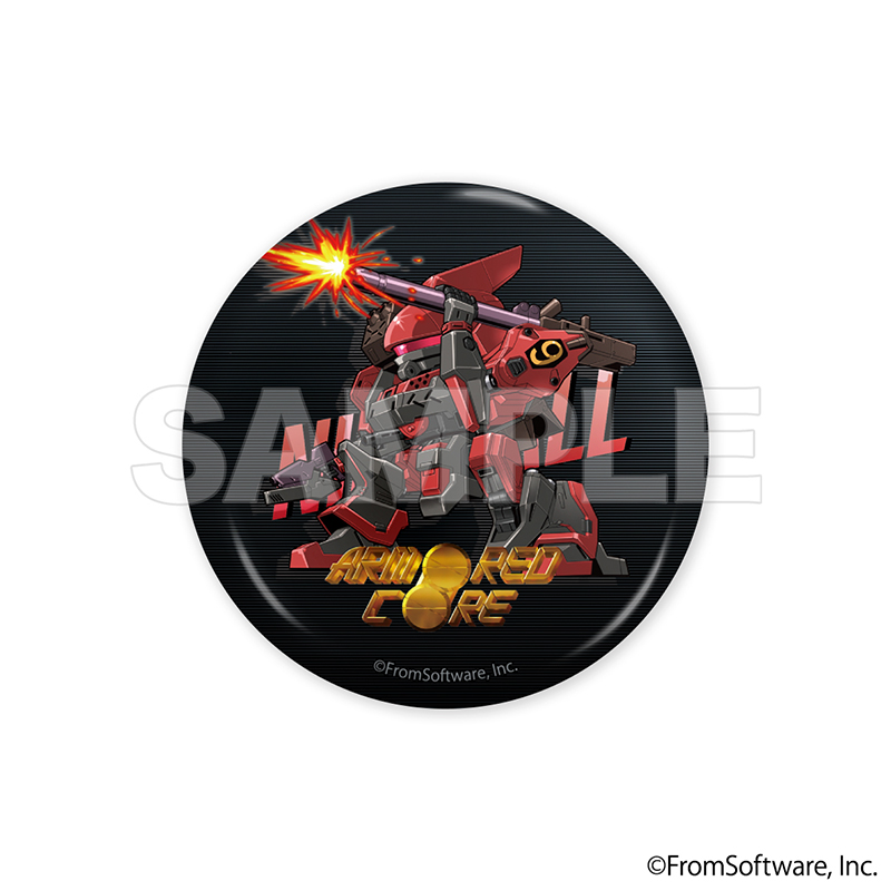 Round can badge showing a deformed Nineball mecha from ARMORED CORE firing a weapon on a black background with a SAMPLE watermark.