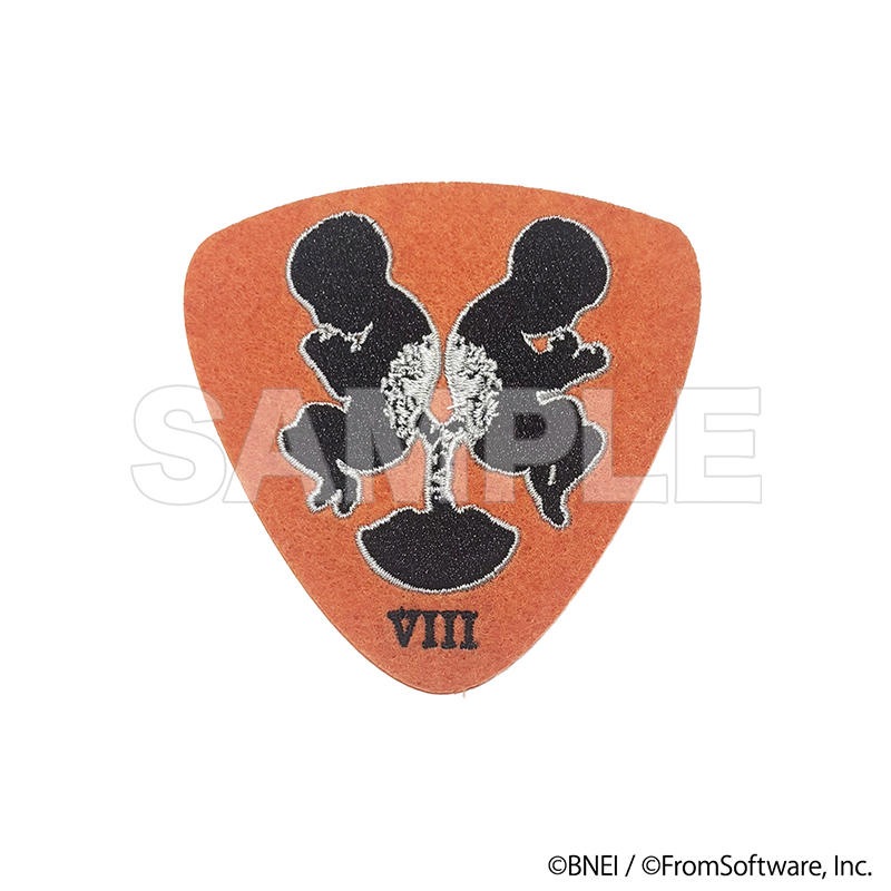 Orange triangular embroidered patch showing two mirrored black silhouettes, a central laurel-like motif, and the Roman numerals "VIII" at the bottom.